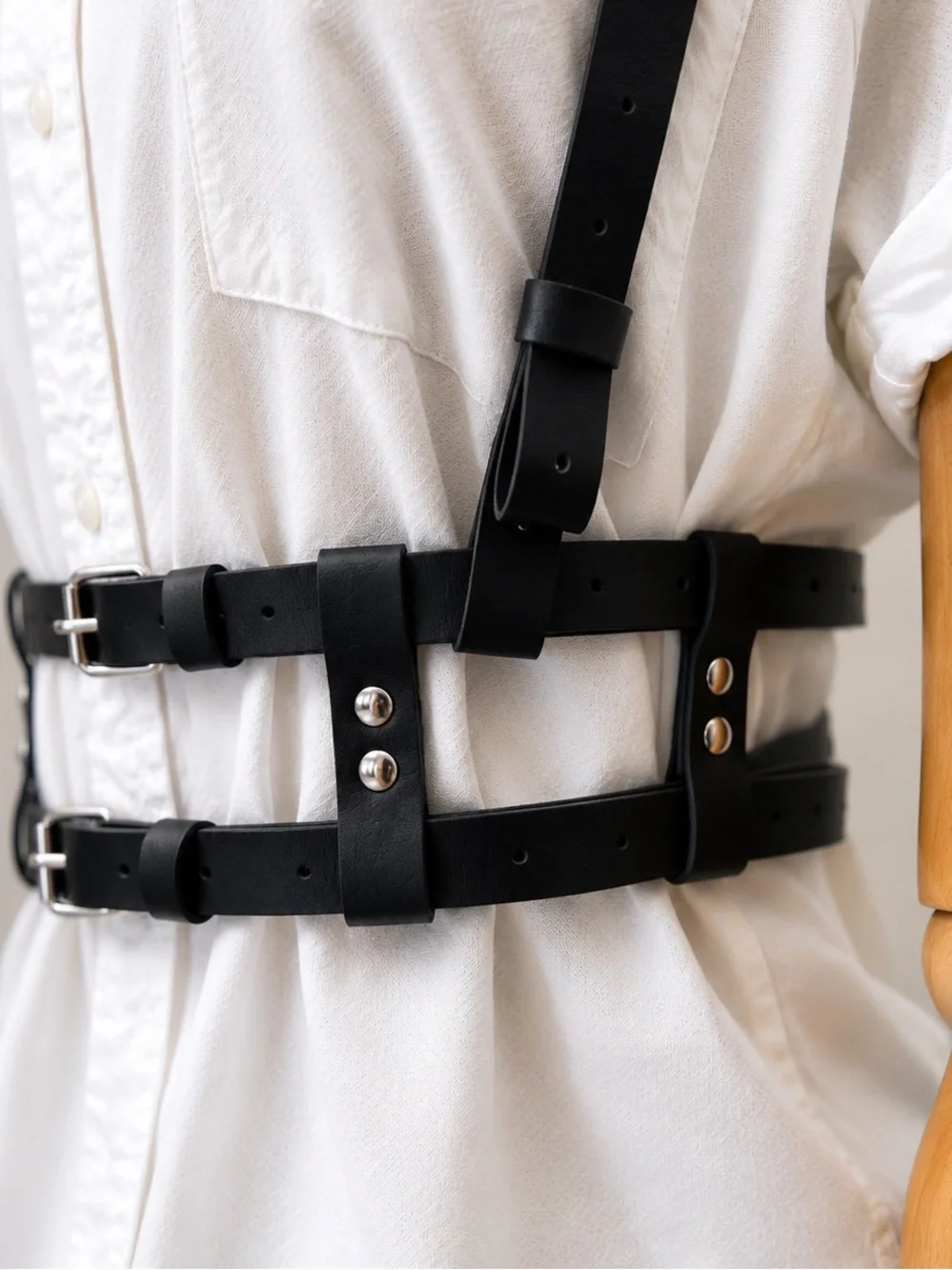 Black FauxLeather Harness Belt Body Chain Y2K Punk Adjustable Strappy Waist Belt